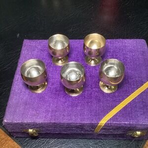 Vintage Brass Cordial Glasses Set of 5 with Purple Velvet‎ Presentation Box
